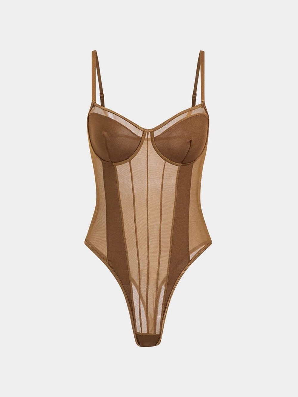 Sheer Mesh Underwire Bodysuit in Brown